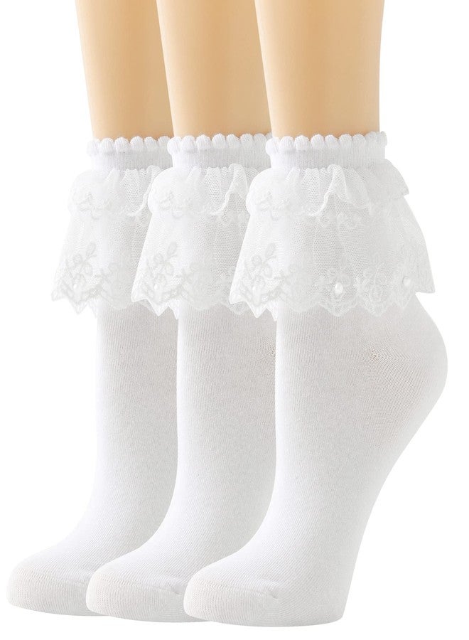 AMHRLINGTO Lace Ruffle Frilly Ankle Socks for Women - Pearl Lace Socks (White-3 Pairs) - Image 1